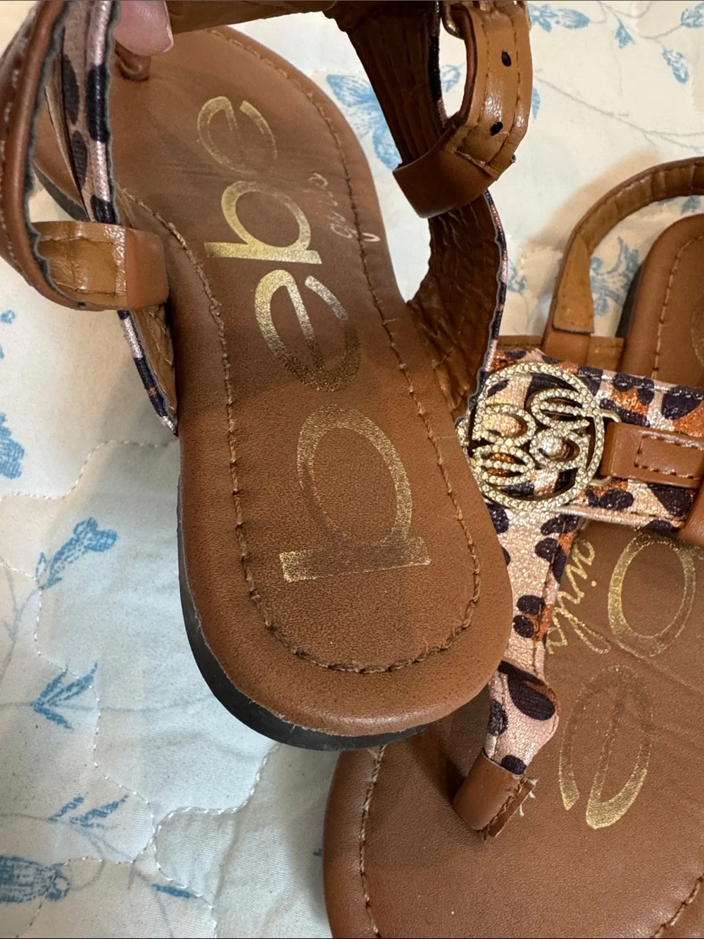 bebe Brown Leopard Print Girls' T-Strap Sandals with Rhinestone Emblem
